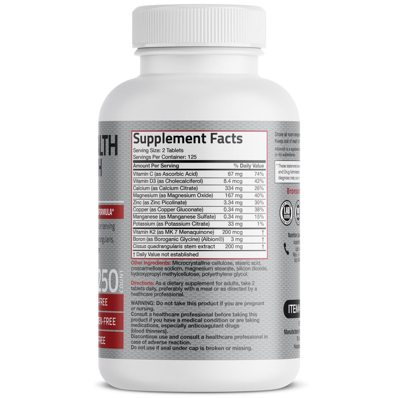 Bronson Bone Health & Strength Complex* High Potency Formula 200 MCG of Vitamin K2 as MK7, Plus Calcium, Boron, Cissus Quadrangularis, Magnesium, Vitamin D3, and More - Non-GMO, 250 Tablets 250 Count (Pack of 1)