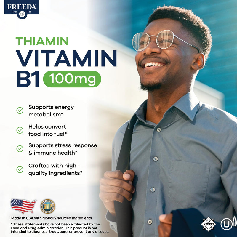 Freeda Vitamin B1 Thiamine 100mg - Supports Energy Metabolism, Nervous System Health - Kosher, Vegan, Gluten Free - Thiamin HCl 100 mg Vitamin B 1 - Pure Vit B1 Vitamin Thiamine B1 Supplement (100 Ct) | Energy Metabolism & Nervous System Health Support...