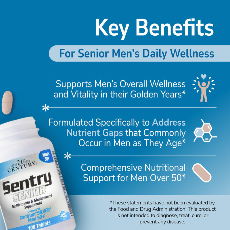 21st Century Sentry Senior Men 50+ Multivitamin Tablets, 100 Count | Complete Daily Multivitamin & Multimineral, Compare VS. Centrum® SILVER Men 50+, Men 50 Plus, Supports Heart 100 Count (Pack of 1)