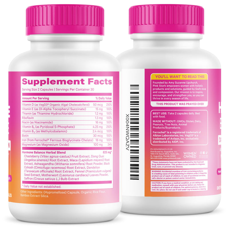 Pink Stork Hormone Balance Multivitamin for Women, 60 Vegan Capsules | 18-in-1 Vitex, Saffron, Ashwagandha, Magnesium | Mood, Energy, Cortisol, Adrenal Support | PMS, Perimenopause Support