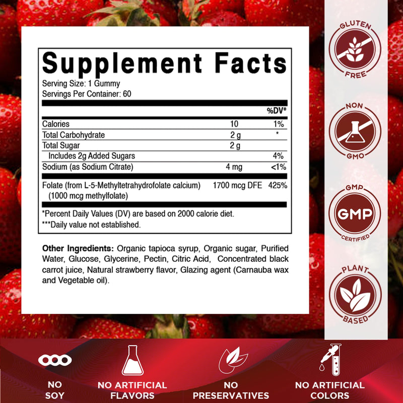 Vitamatic Methylfolate Gummies 1000 mcg – Active 5-MTHF Form – Natural Strawberry Flavor – Vegan, Non-GMO, Gluten Free – 60 Gummies