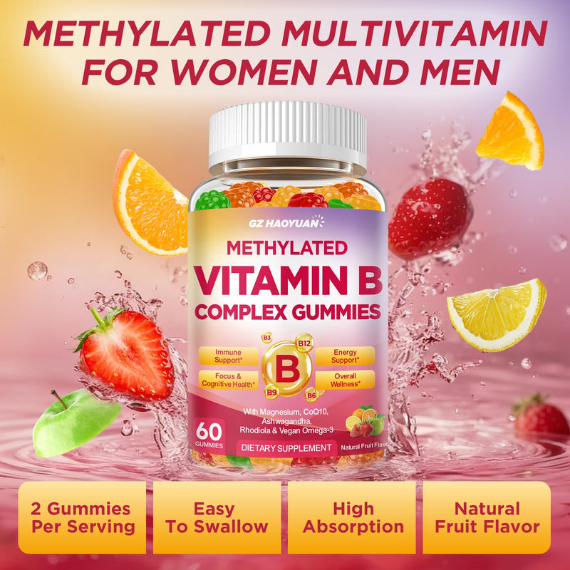 Methylated Vitamin B Complex Gummies for Women & Men with Vitamin B1, B2, B3, B5, B6, B7, B9, B12 & Magnesium, Omega-3, CoQ10, Supports Brain Health, Energy, Immune, Sugar Free, Fruit Flavor, 120ct Mixed Fruit 60 Count (Pack of 2)