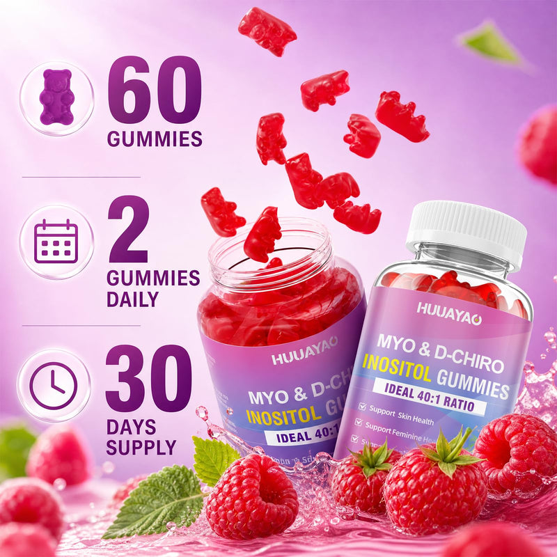 Myo-Inositol & D-Chiro Inositol Gummies, Ideal 40:1 Ratio Inositol Supplement with Vitamin D3, Magnesium Glycinate for Support Hormonal Balance & Wellness, Raspberry Flavor, 60 Count 60 Count (Pack of 1)