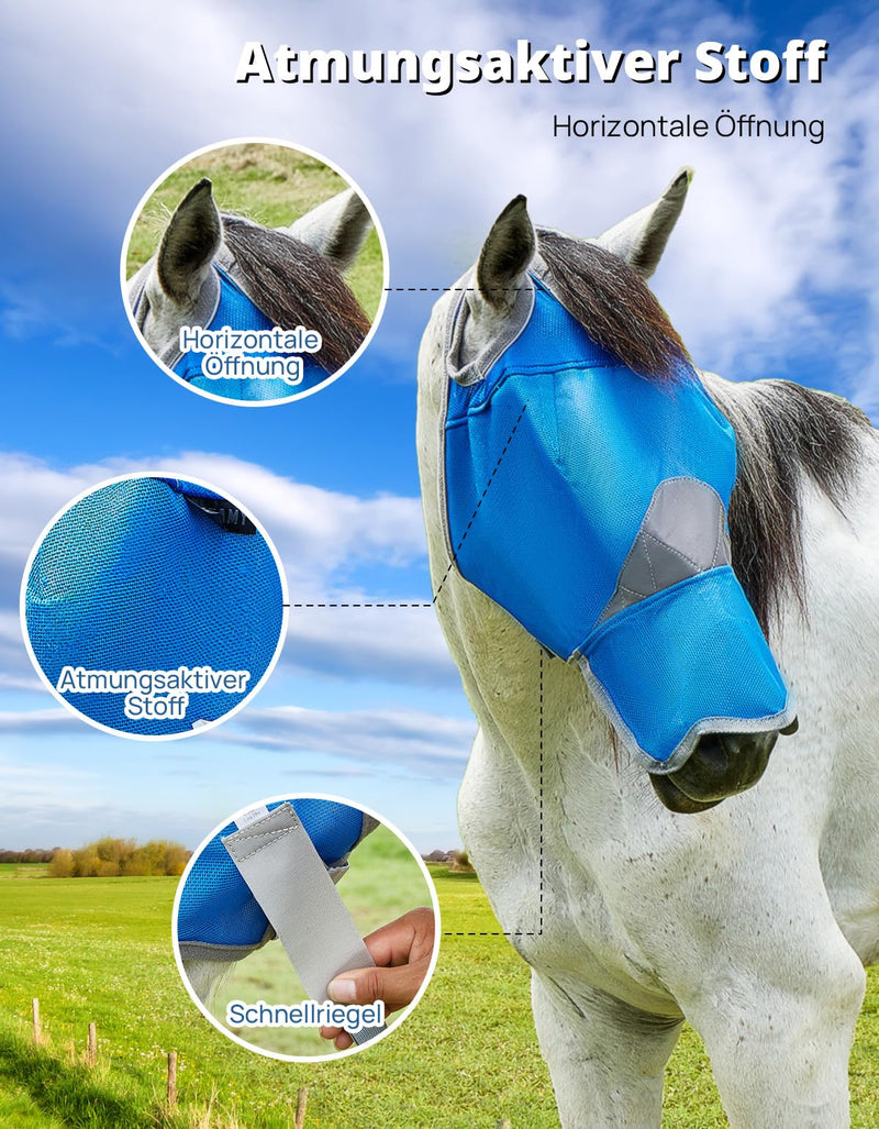 DEERFAMY Horse fly mask with nose protection, horse fly mask, breathable UV protection PVC L, blue with nose protection BL L - BeesActive Australia