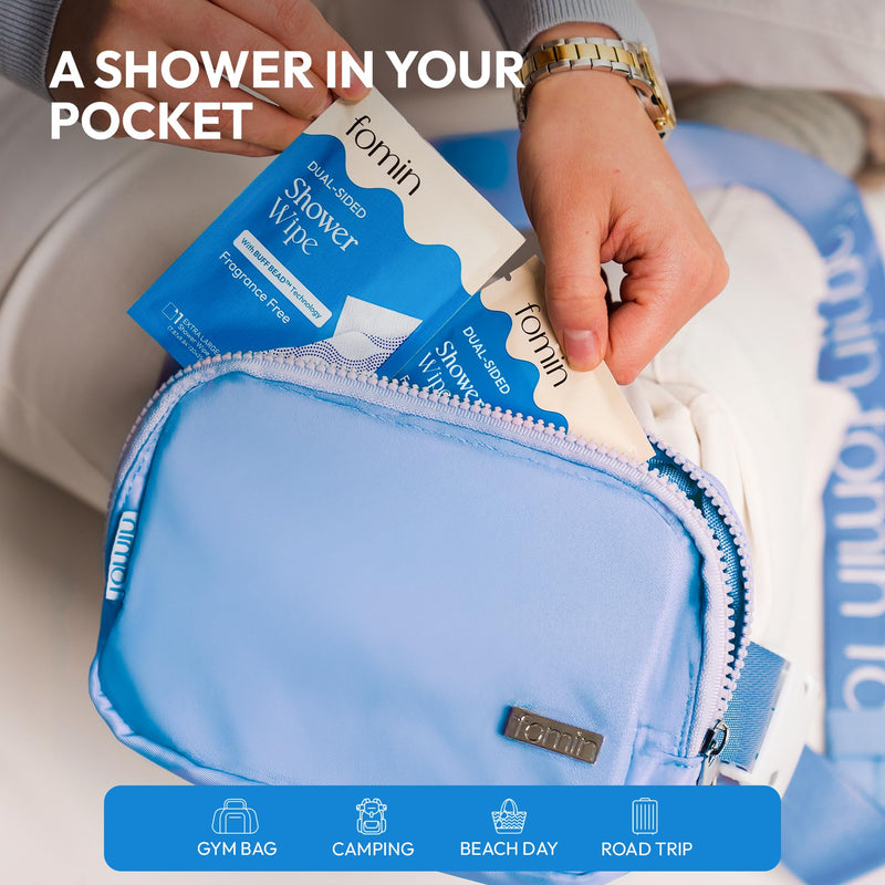 FOMIN Travel Shower Wipes - 10 Pack XL No Rinse Bathing Wipes | Fragrance-Free Full Body Wipes for Adults with Vitamin E - Individually Wrapped Waterless Bath Wipes - No Rinse Needed Fragrance Free 10 Count (Pack of 1)
