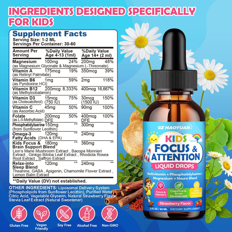 Kids Focus and Attention Supplements with Phosphatidylserine, Omega-3, Magnesium Glycinate, L-Theanine, Folate, Brain Vitamins Liquid Drops for Kids Memory, Cognitive, Sleep & Mood,Strawberry,4 Fl Oz Strawberry 2 Fl Oz (Pack of 2)