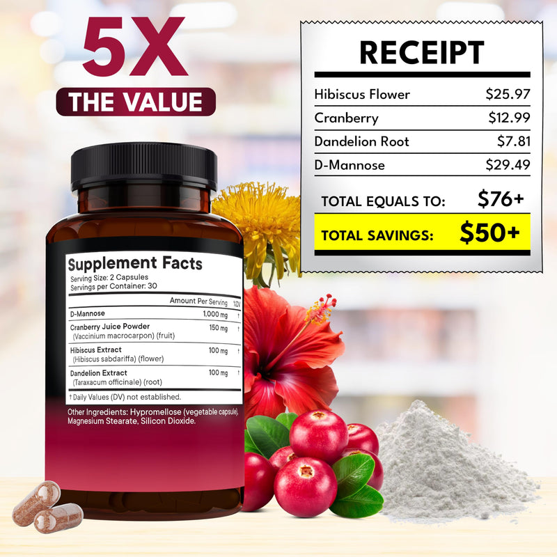 NEW AGE D-Mannose with Cranberry & Hibiscus - High Strength for Urinary Tract Health - Supplement for Women - Bladder, Liver & Microflora Support - Made in USA - Vegan, 120 Capsules 60 Count (Pack of 2) - BeesActive Australia