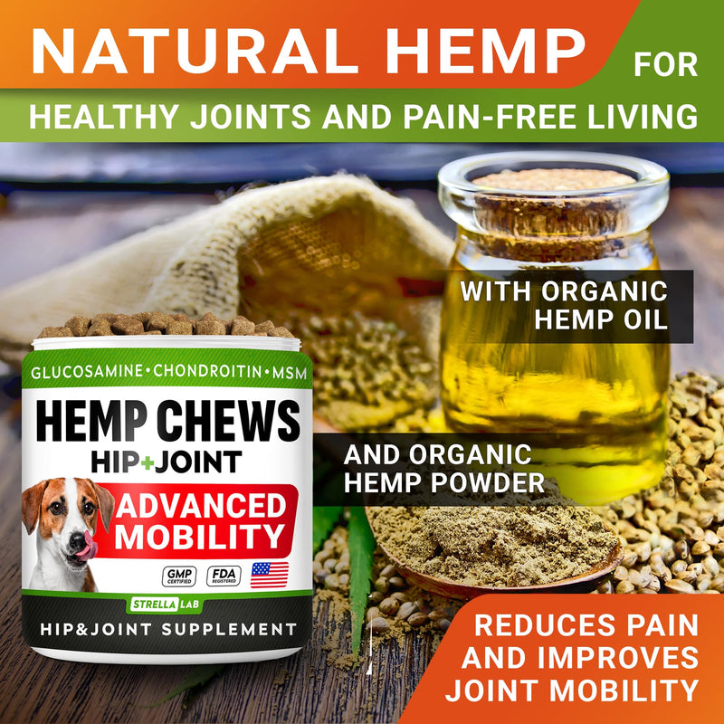 Advanced Hemp + Glucosamine Dog Joint Supplement - Hip Joint Pain Relief - Mobility Chews for Dogs - Chondroitin, MSM, Omega - Made in USA - Lamb Flavor - 120 Hemp Treats 120Ct (Lamb) (HIP&JOINT) Hemp Chews