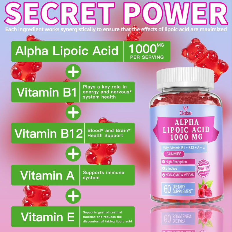 2 Pack Alpha Lipoic Acid Gummies 1000mg with Vitamin B1, ALA Supplement | Sugar Free Chewable Alpha Lipoic Acid 600mg for Energy Support, Raspberry Flavor, 120 Count 60 Count (Pack of 2)
