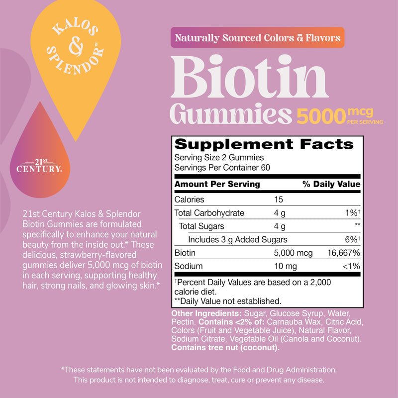 21st Century Biotin 5000mcg Gummies, Strawberry, Hair Skin Nails, 120ct | Biotin 5000 mcg Gummies to Help Support Healthy Hair, Skin & Nails, Delicious Strawberry Flavor, Vegetarian, 120 Count 120 Count (Pack of 1)