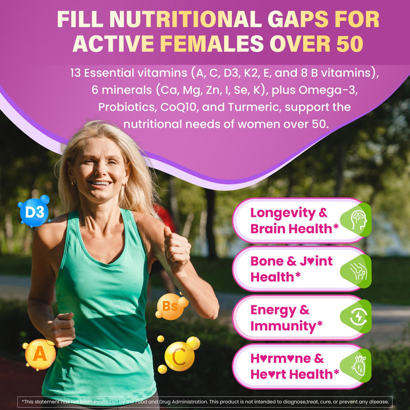 Multivitamin for Women 50 Plus Gummies, Vegan Omega 3, Calcium D3 K2, CoQ10 | Probiotics, Daily Vitamin A C E, Methylfolate, Methylated B12 Biotin B Complex, Zinc -Bone Energy Longevity -Sugar Free 60Cts 60 Count (Pack of 1)