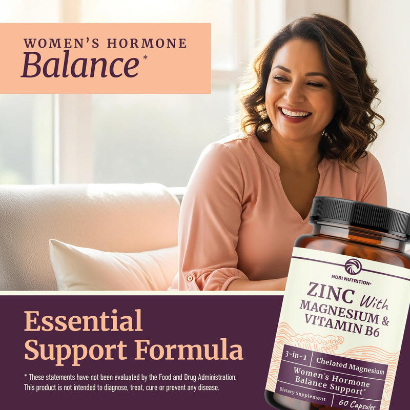 Zinc and Magnesium Supplement with Vitamin B6, Women’s Hormone Balance | Menstrual Cycle & Immune Support, High Absorption Chelated Magnesium Glycinate with Zinc Picolinate and Vit B6, 60 Capsules