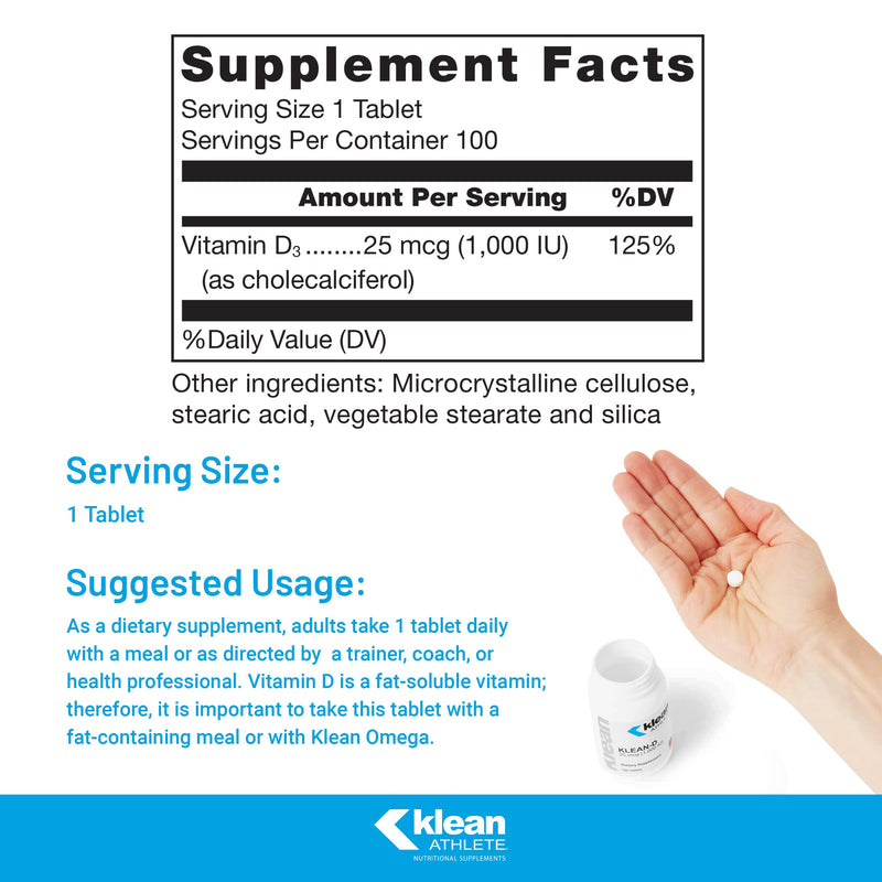 Klean Athlete Klean-D, 100 Tablets | 25 mcg (1,000 IU) Vitamin D3 to Support Immune Health, Musculoskeletal Strength and Physical Performance*