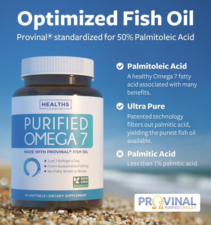 High Potency Omega 7 Supplement for Women and Men (2 Month Supply) | Palmitoleic Acid Fatty Acid Fish Oil Supplement from Sustainably Sourced Patented Provinal with Lowest Palmitic Acid 60 Count (Pack of 1)