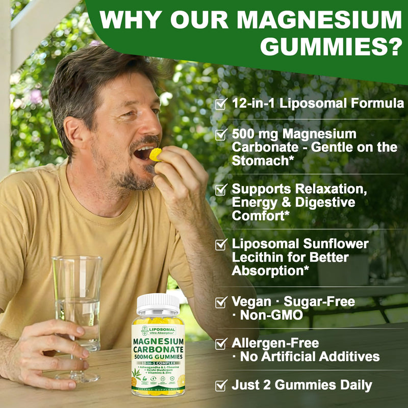 Liposomal Magnesium Carbonate Gummies 500 mg, Muscle & Nerve Support, 60cts | with Ashwagandha, L-Theanine, Calcium & Vitamin D3, Sugar-Free Vegan Pineapple Flavor, 1P 60 Count (Pack of 1)