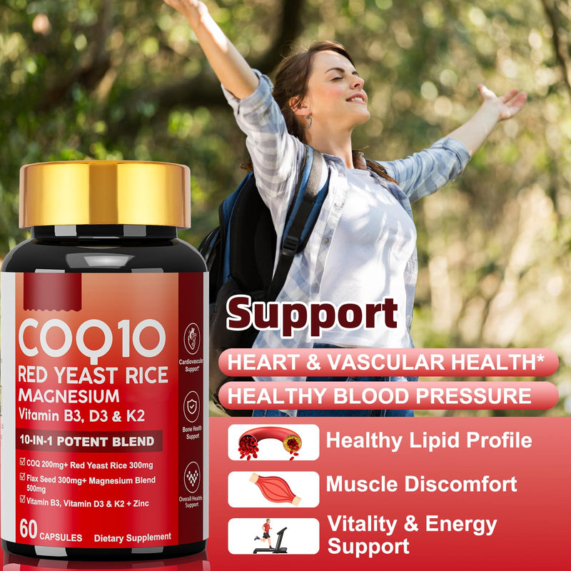10 in 1 CoQ10 Supplement with Magnesium, Red Yeast Rice for Women & Men | Coenzyme Q10 Complex as Ubiquinone with Vitamin D3, K2, B3, Zinc, Antioxidant Support Heart Energy & Brain Health 60 softgels 60 Count (Pack of 1)