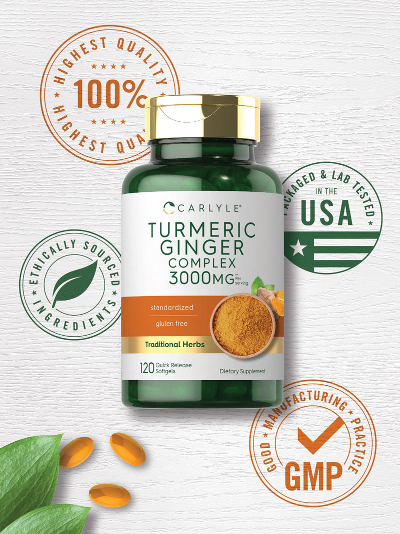 Carlyle Turmeric and Ginger Supplement 3000 mg | 120 Softgel Capsules | Turmeric Curcumin Complex | Non-GMO, Gluten Free - BeesActive Australia