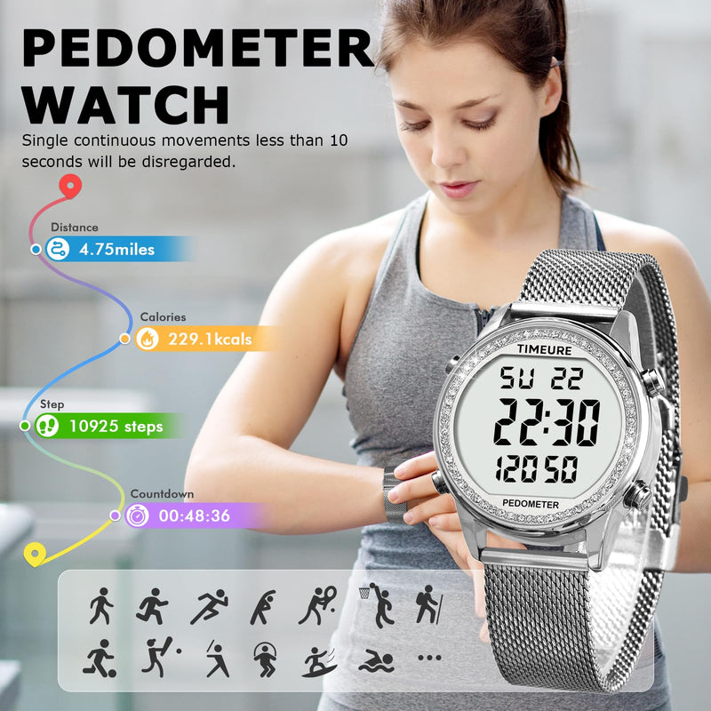 Women's Step Counter Pedometer Watch with Stainless Steel Bracelet, Stylish Design, No App, No Charging Needed for Step, Calorie, Distance, Alarm, Countdown Timer，TU-2401 CRYSTAL Silver - BeesActive Australia