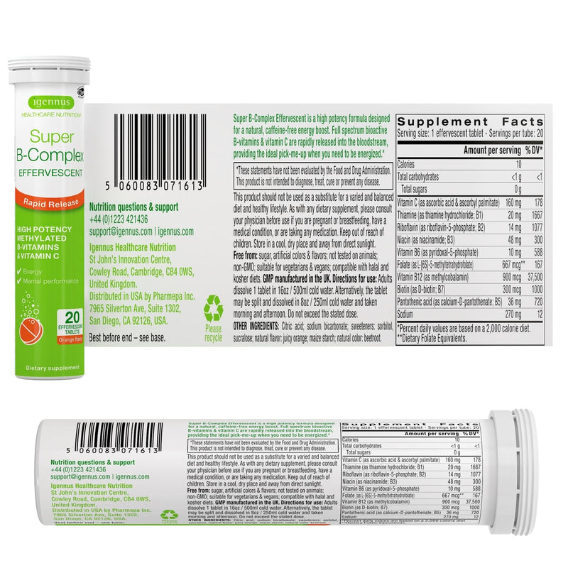 Igennus Super B-Complex Methylated Liquid B-Vitamin Effervescent Supplement | Fast Action Energy Drink, No Caffeine & Sugar-Free, Orange Flavor, Vegan, 20 Tablets Effervescent tablet 20 Count (Pack of 1)