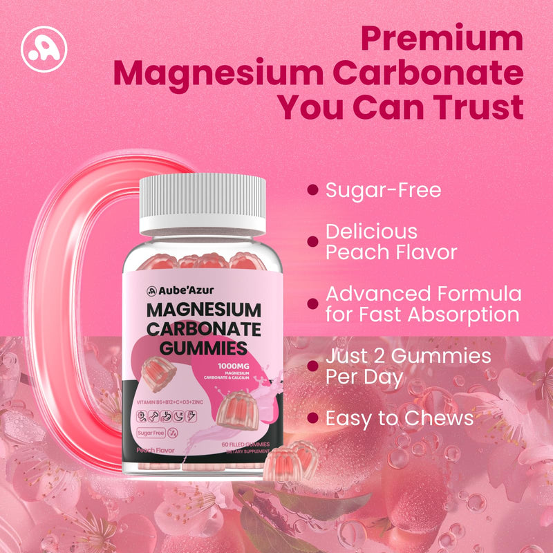 Magnesium Carbonate Gummies 500mg, Muscle & Digestive, Women & Men, 60 Ct | With Calcium, Vitamin C, B6, B12, D3, Zinc. Sugar Free, Peach Flavor. Vegan, Non-GMO, Gluten-Free