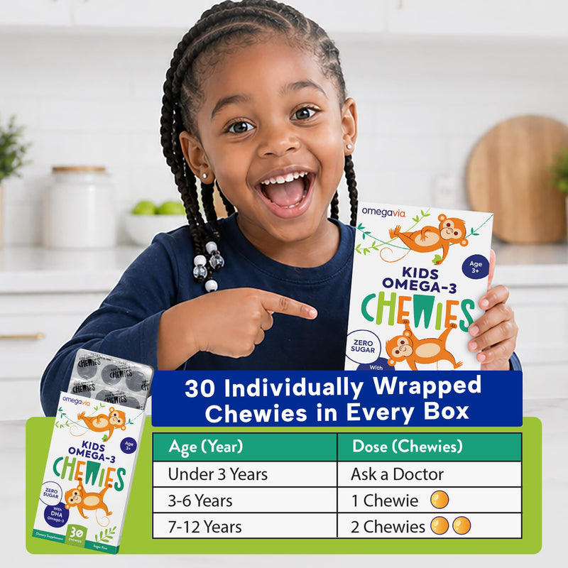OmegaVia Omega 3 Chewies, Sugar-Free Vitamins for Kids Ages 3-12 (30 Chews) | Daily DHA Chewable for Kids, Brain & Eye Health Support, Natural Fruit Flavor, Omega 3 Fish Oil Chews, 30 Individual Packets 30 Count (Pack of 1)