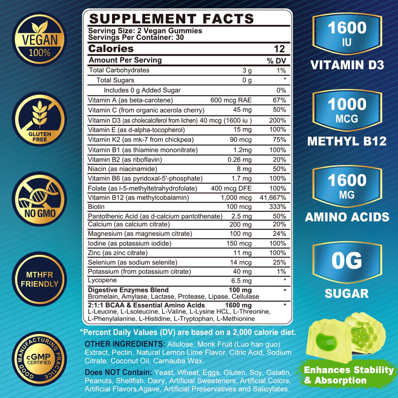 Methylated Multivitamin for Men Gummies with BCAA Amino Acids, Zinc, Biotin | Daily Vitamin A C D3 E K2 B Complex, Calcium, Lycopene, Digestive Enzymes - Energy, Immune, Muscle - Sugar Free, Vegan, 60Cts 60 Count (Pack of 1)