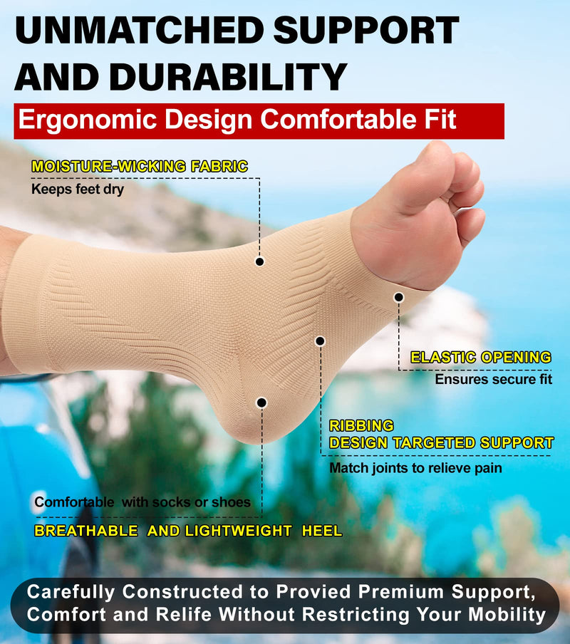 KEKING® Ankle Brace Compression Support Sleeve for Women & Men, Medical Ankle Compression Socks for Plantar Fasciitis, Foot & Ankle Swelling, Achilles Tendon Support, Arch Support, 1 Pair of Beige M Medium