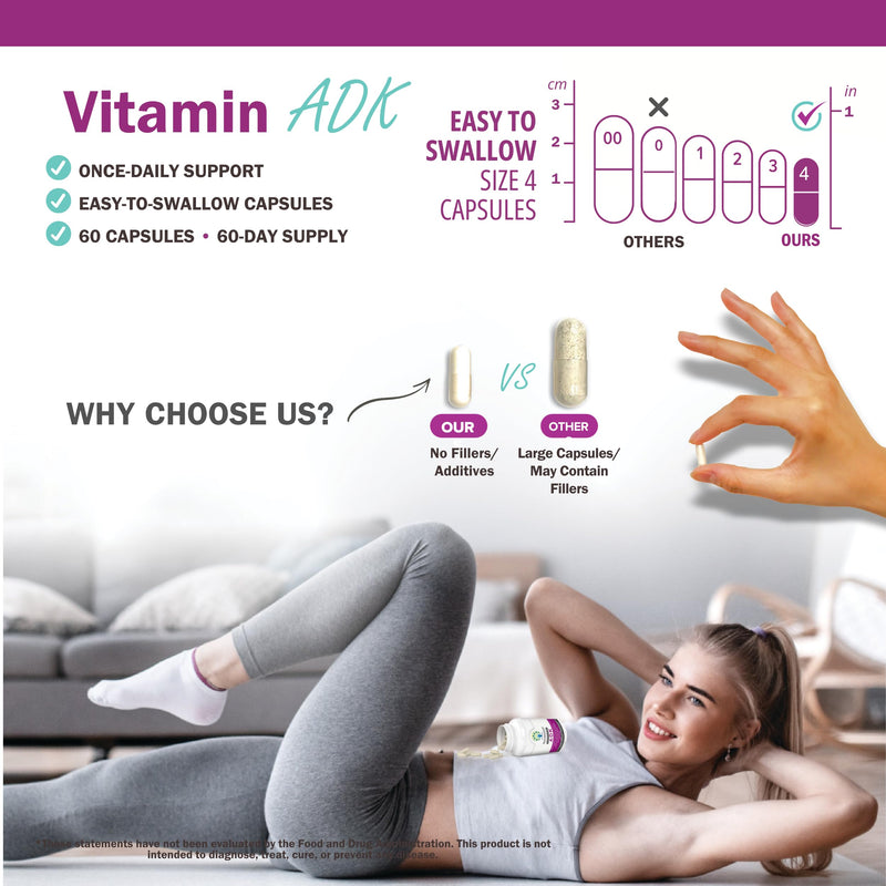 NatureGenX ADK Vitamin Supplement – Vitamins A, D3 & K2 MK-7 for Bone Health & Calcium Absorption – Gluten-Free, Non-GMO, Soy-Free – 120 Capsules, 2-Pack (4-Month Supply) | For Bone Health & Calcium Absorption - Immune Support, Gluten-Free, Non-GMO, So...