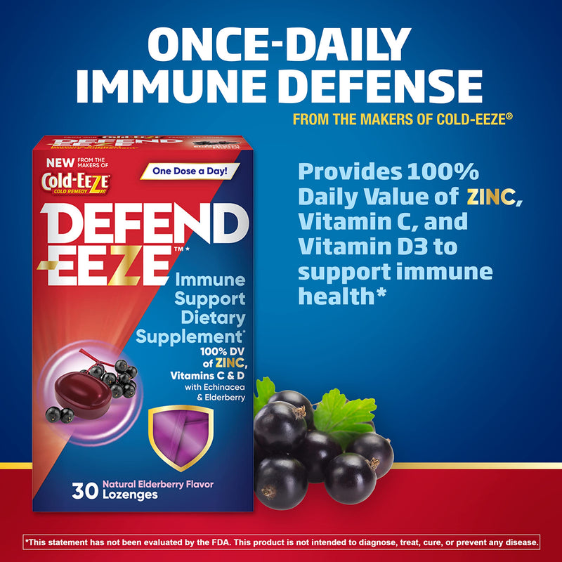 Defend-EEZE Immune Support Dietary Supplement Lozenges, 100% Daily Value of Zinc, Vitamins C & D per Dose, with Echinacea & Elderberry, Elderberry Flavor, 30 Lozenges