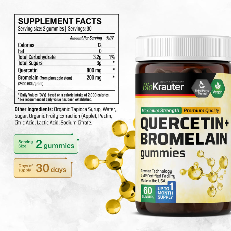 BIO KRAUTER Quercetin with Bromelain Gummies - 1000 mg Mix - 60 Vegan Chews - Quercetin Gummies - Vegan Immune Support - Source of Antioxidants - Gelatine-Free Formula 60 Count (Pack of 1)
