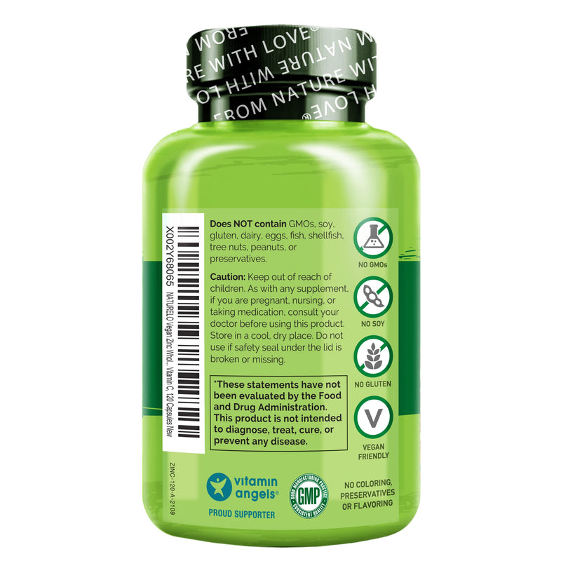 NATURELO Vegan Zinc Immune Support Capsules with Vitamin C 120 Capsules 2Pk | Whole food complex, for healthy skin, hair, and nails, immune system support Unflavored 120 Count (Pack of 2)