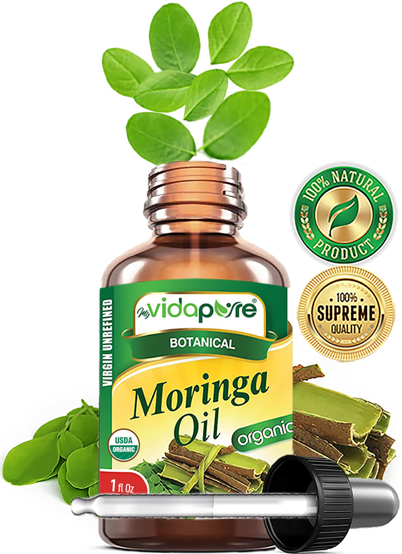 Organic MORINGA OIL Moringa Oleifera Certified Organic 100% Natural Pure Virgin Unrefined for Face, Skin, Body, Hair, Lip, Nails Anti-Aging, Rich in Vitamin E (1 Fl Oz) 1 Fl Oz (Pack of 1)