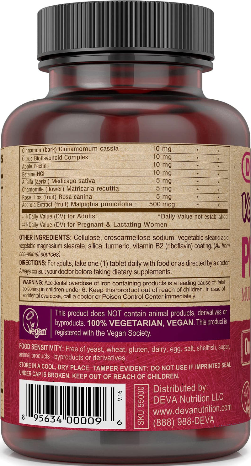 DEVA Vegan Prenatal Multivitamin and Mineral Supplement - Once-Per-Day Formula - Vitamins A, C, D, E, K, B Complex, with Folate & Chelated Iron - 90 Coated Tablets, 1-Pack 90 Count (Pack of 1)