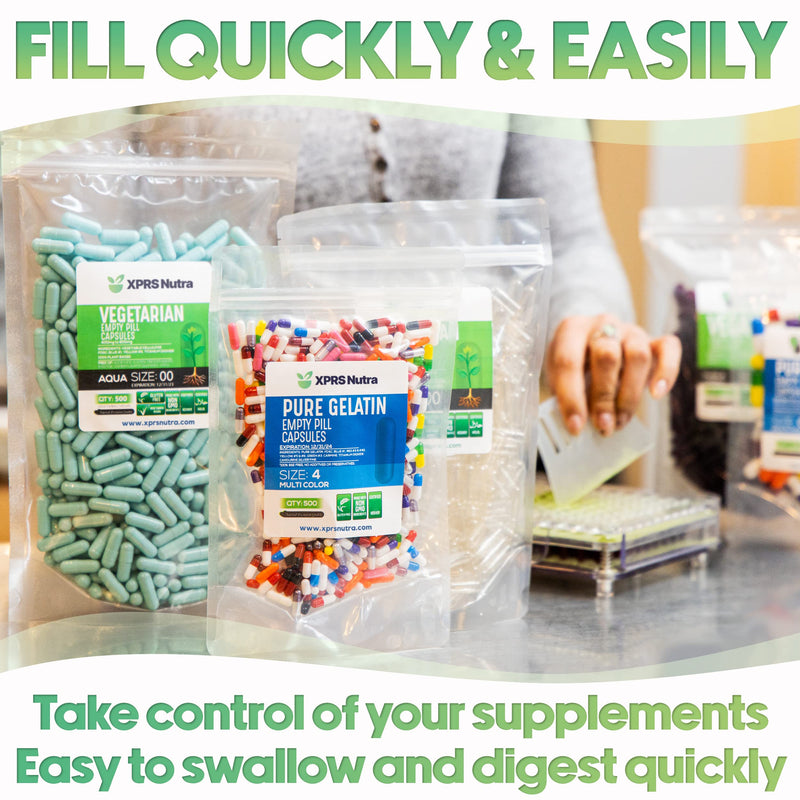 XPRS Nutra Size 2 Empty Capsules - 500 Clear Empty Vegan Capsules - Vegetarian Pill - Do-It-Yourself Vegetable Caps Filling for Supplements and Vitamins - Veggie Pills 500 Count (Pack of 1)