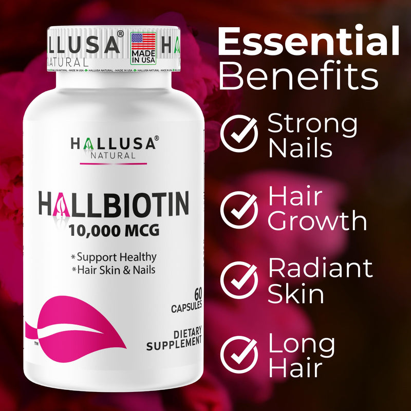 Hallusa Natural Biotin 10,000mcg, 60 Capsules, Healthy Hair, Skin & Nails - Pastillas para la caída del Cabello - Crecimiento del Cabello – Crecimiento de la Barba - Alopecia y calvicie