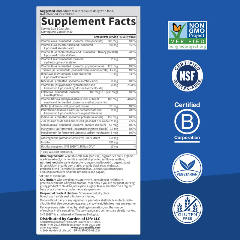 Garden of Life Dr. Formulated Multi+ Stress & Mood, Fermented Liposomal Multivitamin + Ashwagandha, B Vitamins & Probiotics - 60 Capsules, Whole Food Vitamin & Mineral Supplement