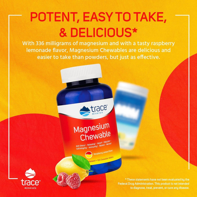 Trace Minerals Magnesium Chewable, Raspberry Lemon, 120 Count | Sugar free chewable magnesium that promotes a calm mood, focus, and muscle relaxation. 30 servings.