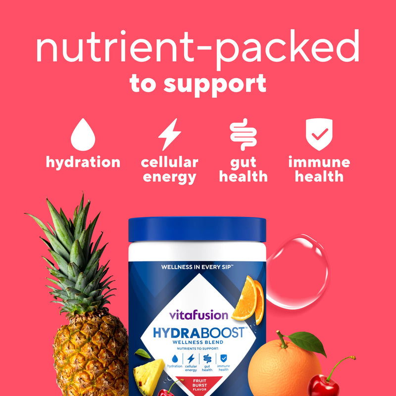 Vitafusion Hydraboost Hydration Drink Mix, Electrolytes Support Daily Hydration, Vitamins Support Cellular Energy & Immune Health, Prebiotic Fiber Supports Gut Health, Fruit Burst, 30 Servings