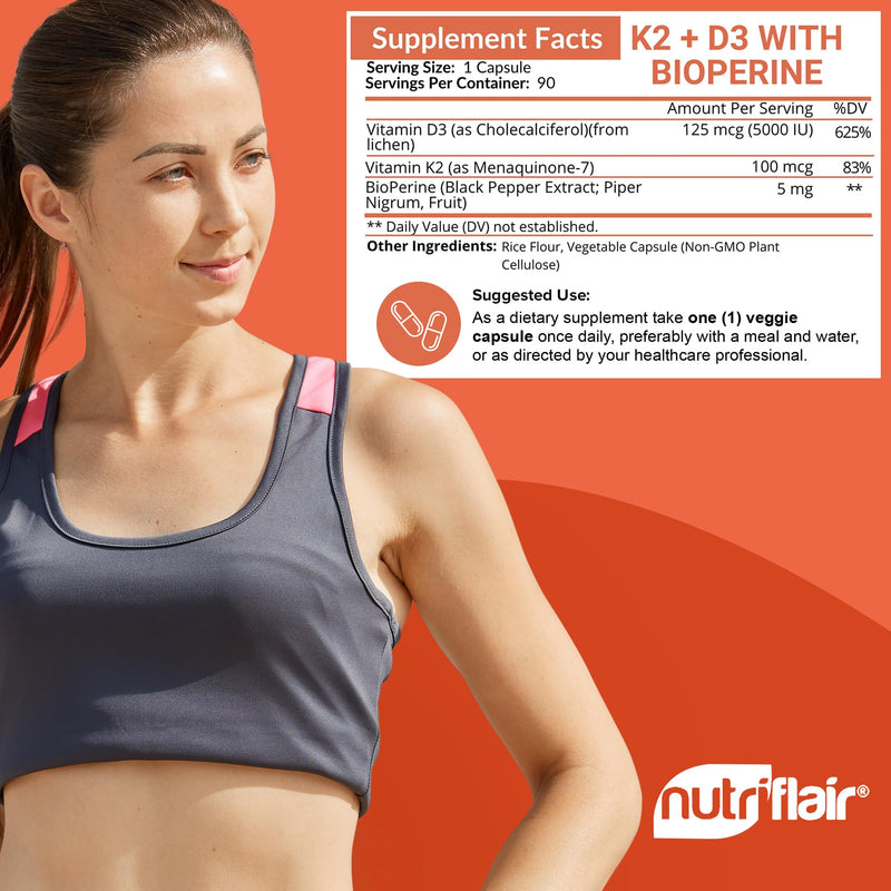NutriFlair Vitamin D3 + K2-5000 IU D3 / 100 mcg MK7, 90 Capsules | Plant-Based Ingredients, Non-GMO 90 Count (Pack of 1) D3 (5,000 IU) + K2