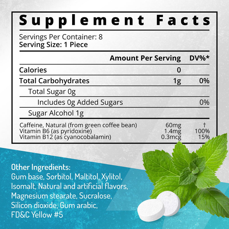 ENERGIZE Peppermint Caffeine Gum, Natural Green Coffee Bean Energy Gum with Vitamin B6 B12, Sugar Free Caffeinated Chewing Gum for Focus, 24 Pieces 24 Count (Pack of 1)