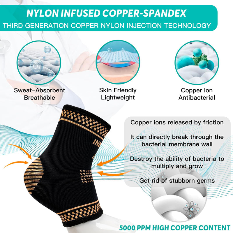 INDEEMAX Copper Ankle Brace for Men and Women, Ankle Compression Sleeve Ankle Support Brace for Sprained Ankle, Plantar Fasciitis, Running, Foot Pain Relief, Achilles Tendonitis (L) Golden Black Large - BeesActive Australia