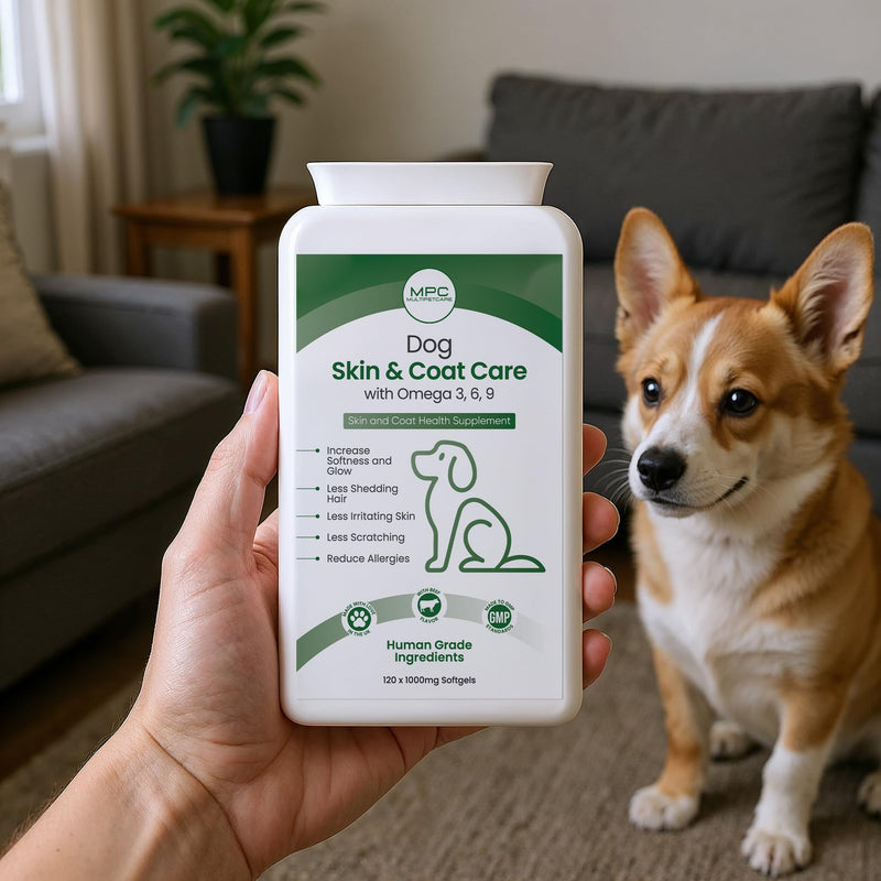 Dog Skin & Coat Supplement | Omega 3-6-9 Softgel Capsules | EPA, DHA & Linoleic Acid | Reduces Itching, Shedding & Dry Skin | Visibly Shinier Coat | Human Grade Ingredients | UK GMP | 120 Count