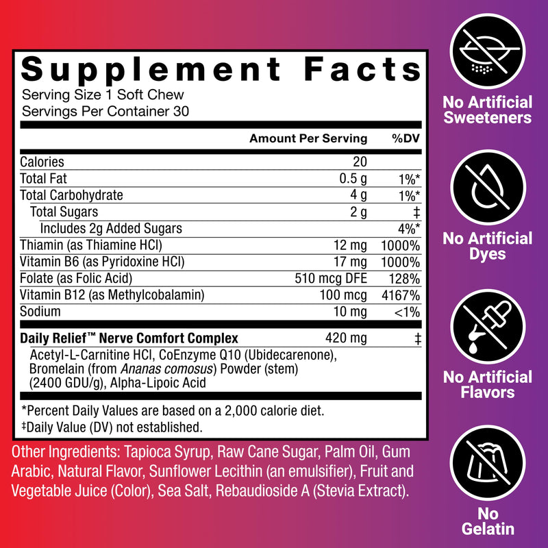 Force Factor Daily Relief Nerve Supplement with Alpha Lipoic Acid | B Vitamins, CoQ10 & Acetyl-L-Carnitine HCl for Nerve Discomfort in Hands, Feet, Toes & Fingers, Blueberry Acai, 30 Soft Chews