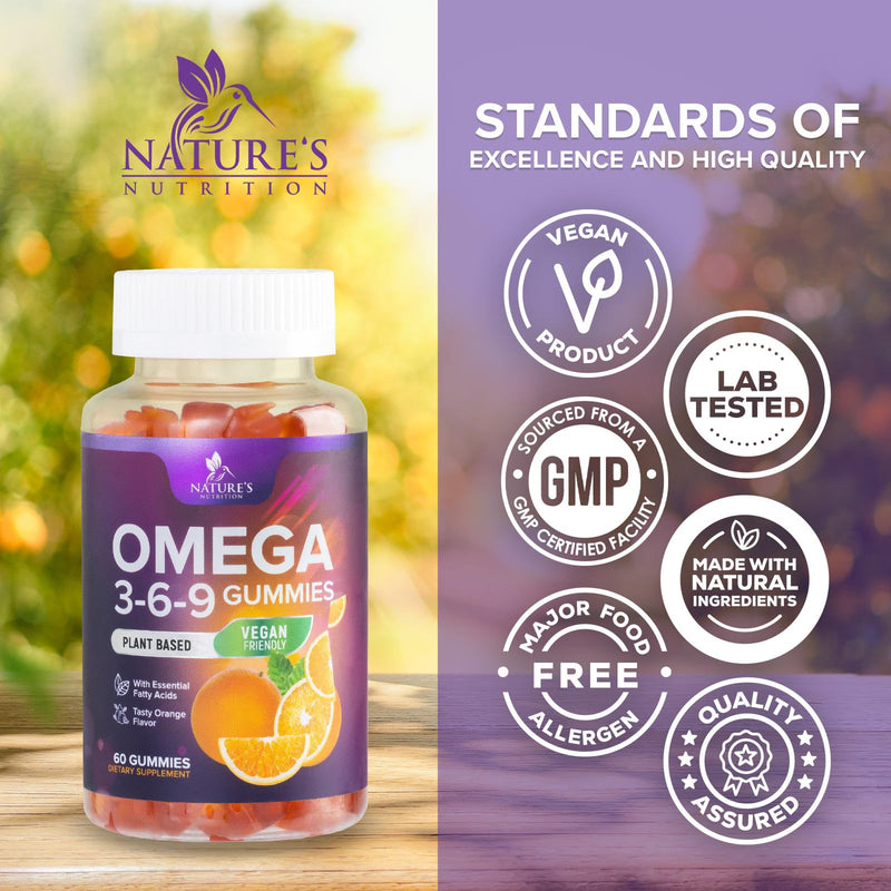 Omega 3 6 9 Gummies - Vegan Omega 3 Supplement Gummy - Essential Fatty Acids Oil 369 Complex Heart Support & Brain Support for Women, Men & Pregnancy, Fish Free Non-GMO, Orange Flavored - 60 Gummies 60 Count (Pack of 1)