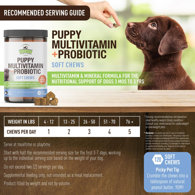 Strawfield Pets Puppy Multivitamin + Probiotics for Dogs Puppy Vitamins with Joint Support Supplement for Dogs & Puppies Peanut Butter Flavor 120 Crumbly Soft Chews Mild Peanut Butter