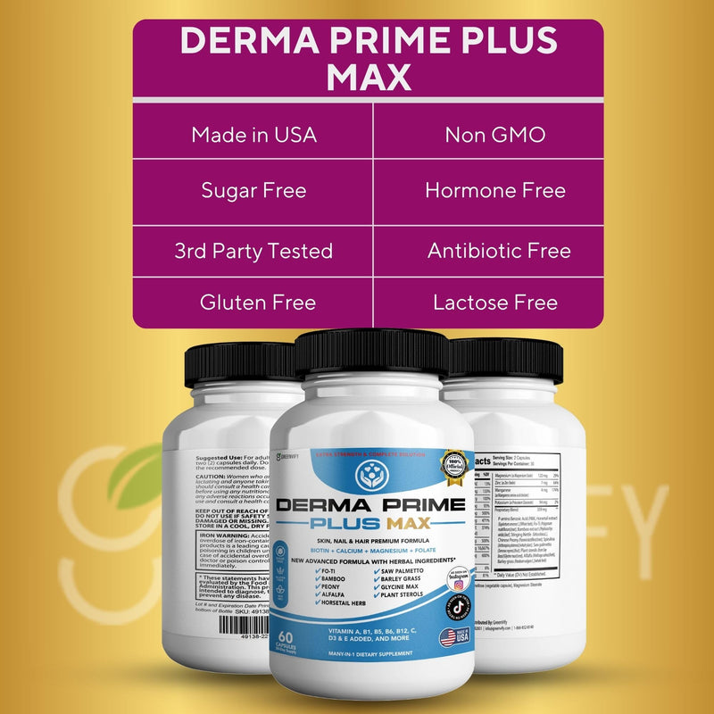 Derma Prime Plus Max Hair Skin Nail Supplement, 60 Capsules, with Biotin 5000mcg, Vitamins, Minerals, Herbal Blend (1) 1