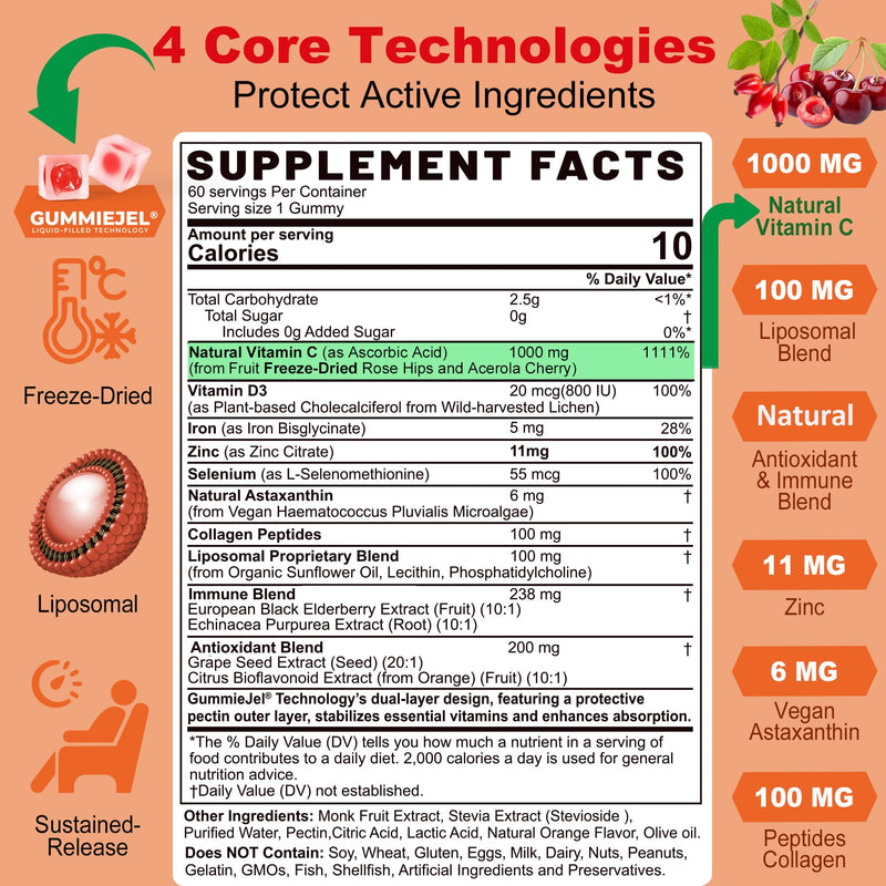 Natural Liposomal Vitamin C 1000mg Gummies for Adults & Kids 9+, Chewable Vitamin C w/ 11mg Zinc, D3, Elderberry, Echinacea, , Bioflavonoid, Immune Support, Whole Food VIT C from Fruits, Sugar Free 60 Count (Pack of 1)