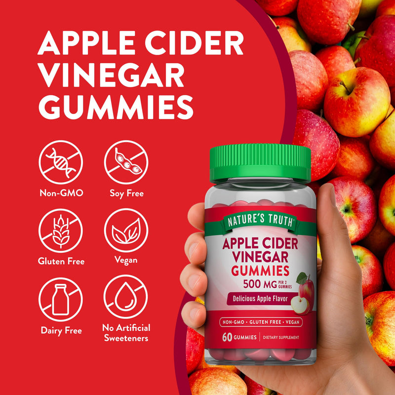 Nature's Truth Apple Cider Vinegar Gummies | 500 mg | 60 Count | Apple Flavor | Vegan, Non-GMO & Gluten Free Supplement