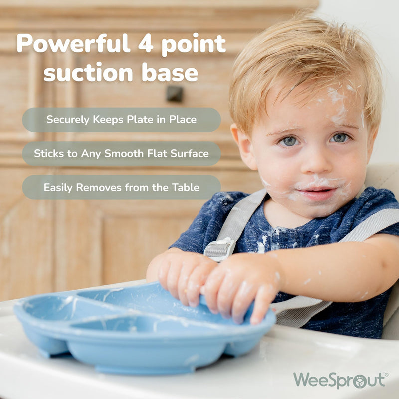 WeeSprout Suction Plates with Lids for Babies & Toddlers - 100% Silicone, Dinnerware Stays Put, Divided Design for Picky Eaters, Microwave & Dishwasher Friendly, 3 Pack Matte Dark Grey, Blue & Green - BeesActive Australia