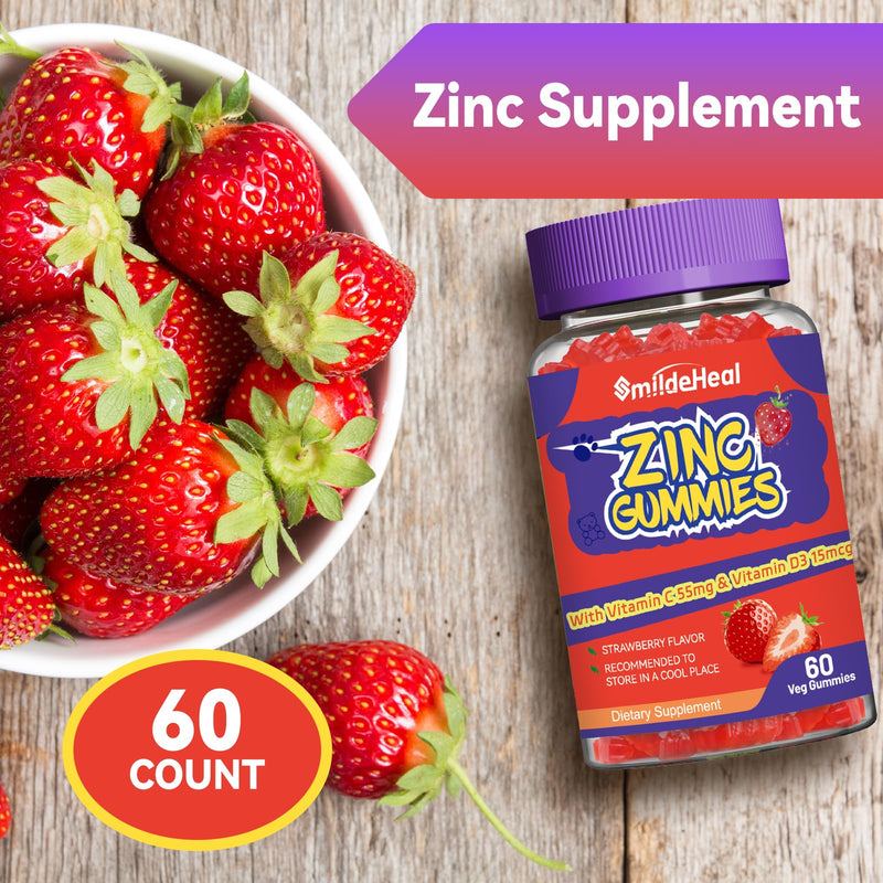 Zinc Gummies, Zinc 50mg, Zinc Citrate, with Vitamin C, Vitamin D3, 60 Count | Zinc Gummies, Zinc 50mg, Zinc Citrate, with Vitamin C, Vitamin D3, Strawberry Flavor Gummies, 60 Count 60 Count (Pack of 1)